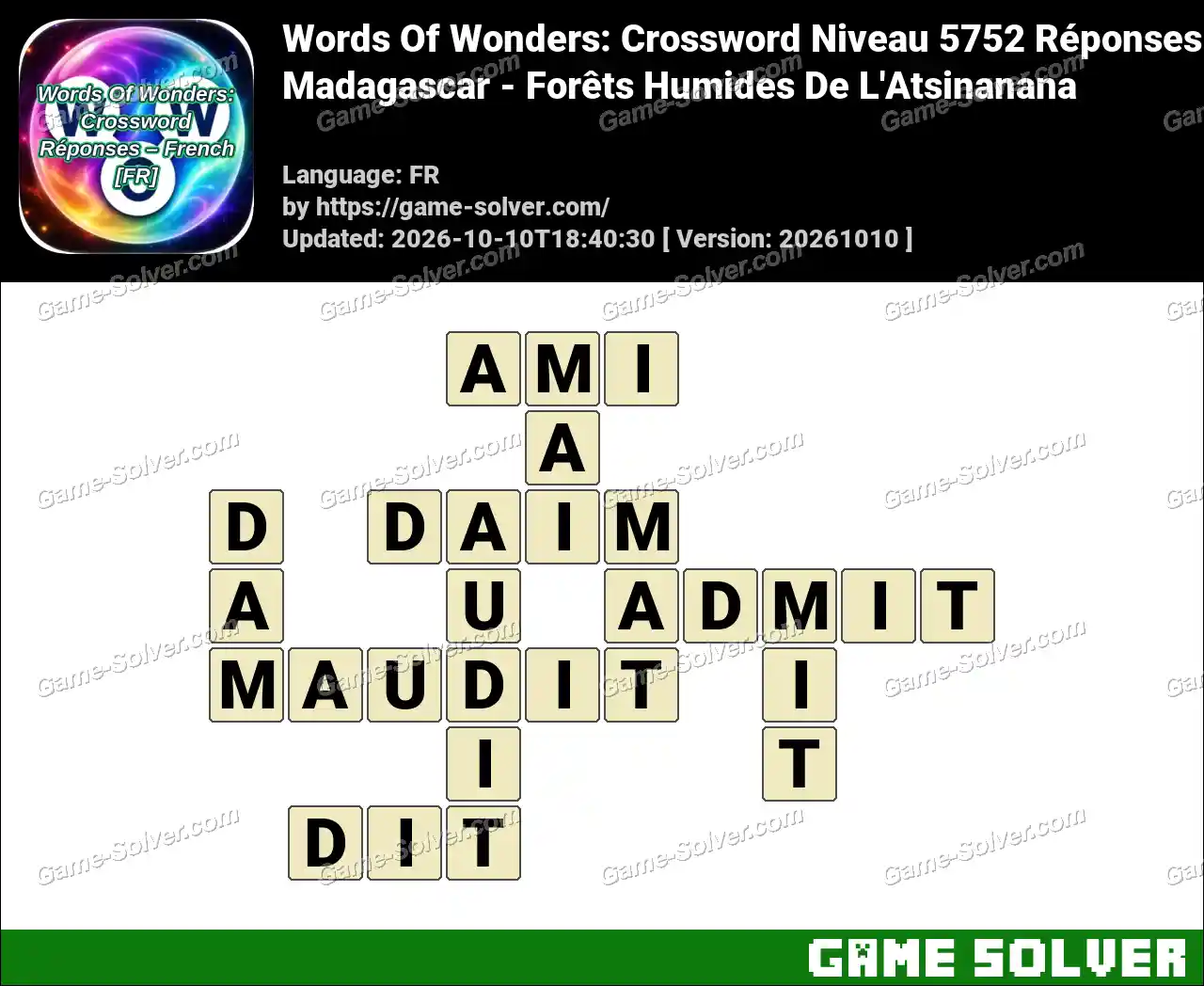 Words Of Wonders: Crossword Niveau 5752 Réponses – Madagascar – Forêts Humides De L’Atsinanana